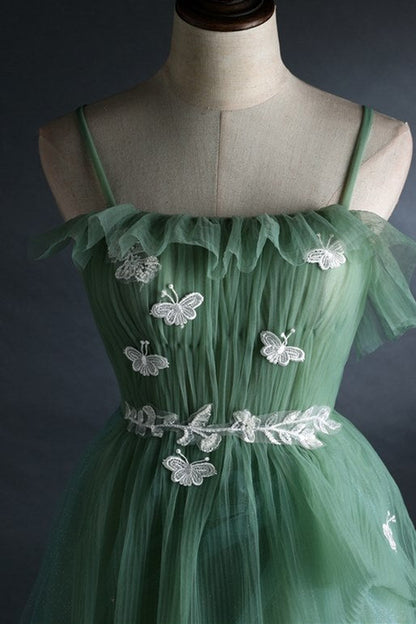 Spaghetti Straps Green Tulle Long Formal Dress