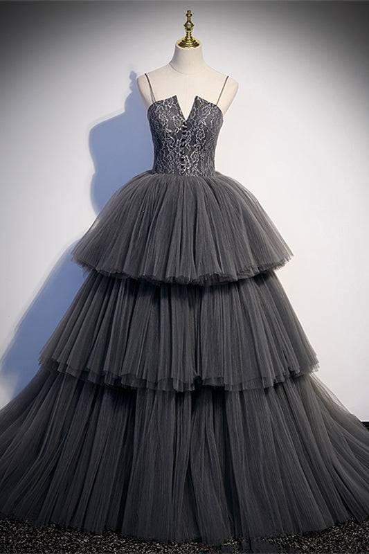 Spaghetti Straps Grey Tiered Layers Long Formal Gown