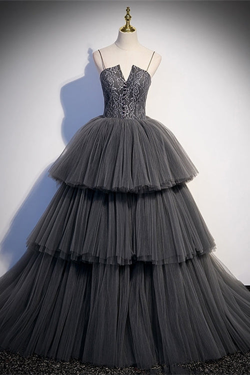 Spaghetti Straps Grey Tiered Layers Long Formal Gown
