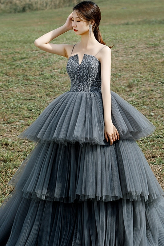 Spaghetti Straps Grey Tiered Layers Long Formal Gown