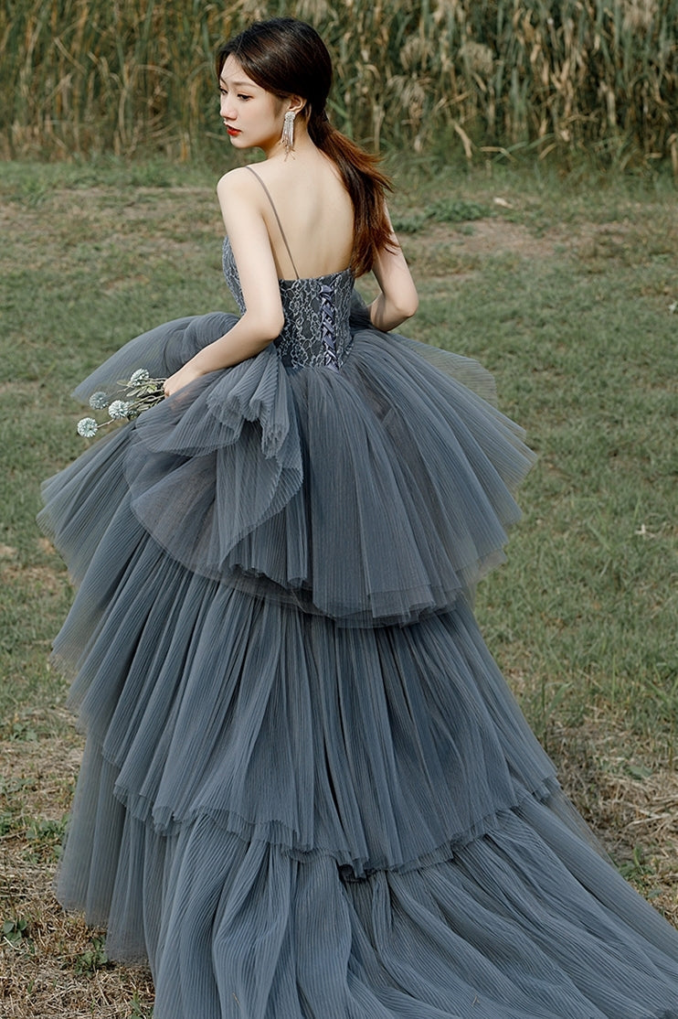 Spaghetti Straps Grey Tiered Layers Long Formal Gown