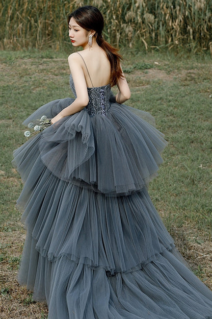 Spaghetti Straps Grey Tiered Layers Long Formal Gown