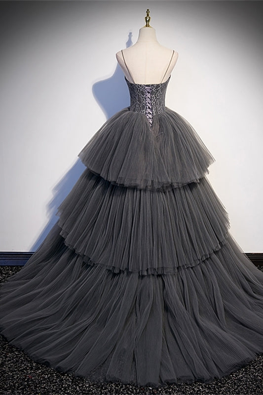 Spaghetti Straps Grey Tiered Layers Long Formal Gown
