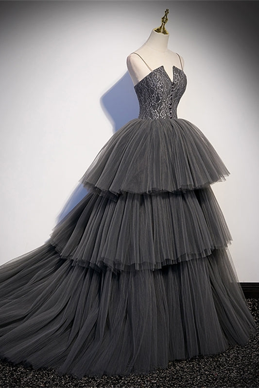 Spaghetti Straps Grey Tiered Layers Long Formal Gown