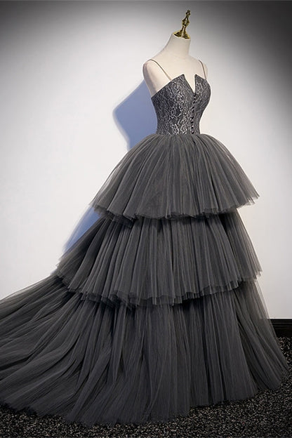 Spaghetti Straps Grey Tiered Layers Long Formal Gown