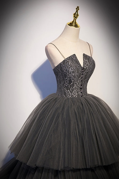Spaghetti Straps Grey Tiered Layers Long Formal Gown