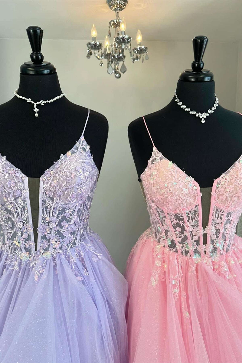 Spaghetti Straps Lavender Appliques A-line Ruffle Gown