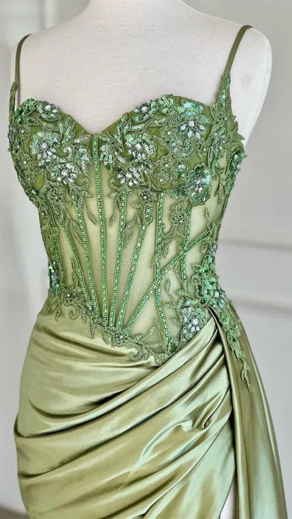 Spaghetti Straps Mermaid Prom Dresses Appliques Satin Evening Party Dress With Split,AST2202