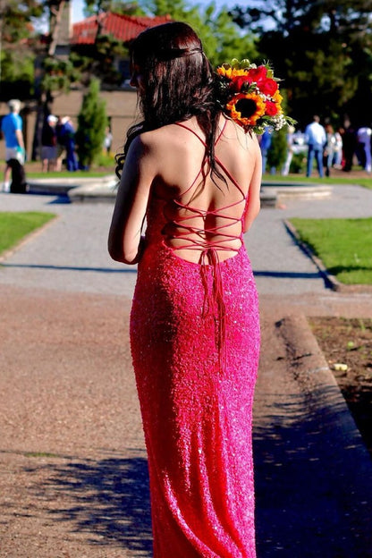 Spaghetti Straps Neon Pink Sequin Mermaid Formal Dress
