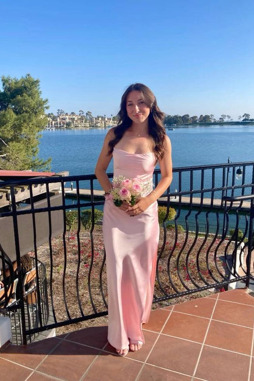 Spaghetti Straps Pink Fitted Long Party Dress with Slit