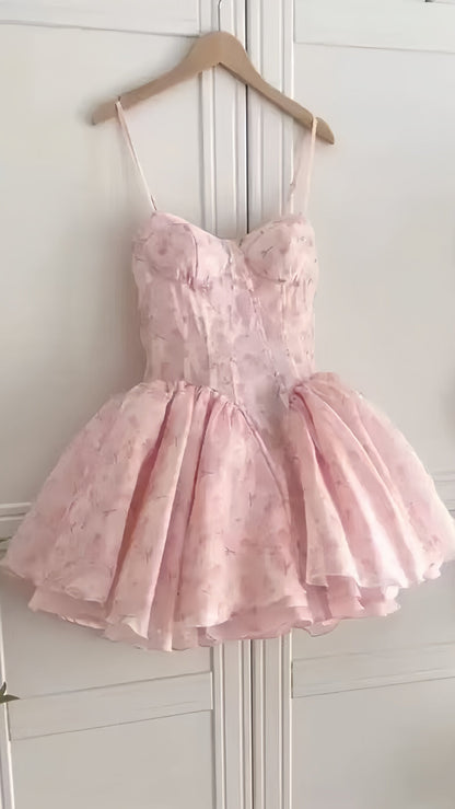Spaghetti Straps Pink Floral Homecoming Dresses Sweetheart Birthday Party Dress,AST2005