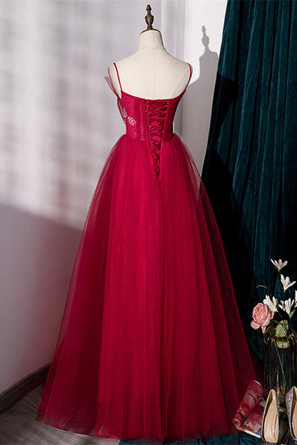 Spaghetti Straps Red Tulle A-line Long Formal Dress