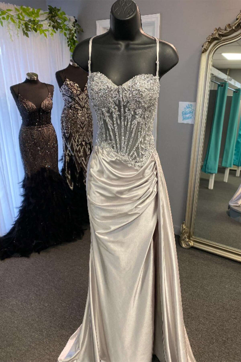 Spaghetti Straps Sage Beaded Satin Long Formal Dress