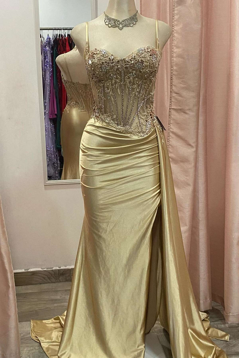 Spaghetti Straps Sage Beaded Satin Long Formal Dress