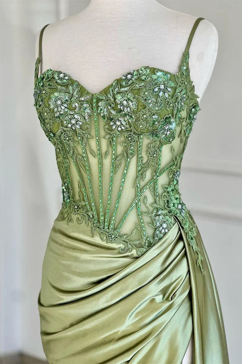 Spaghetti Straps Sage Beaded Satin Long Formal Dress