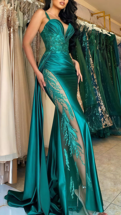 Spaghetti Straps V-neck Appliques Prom Party Dress,AST1780