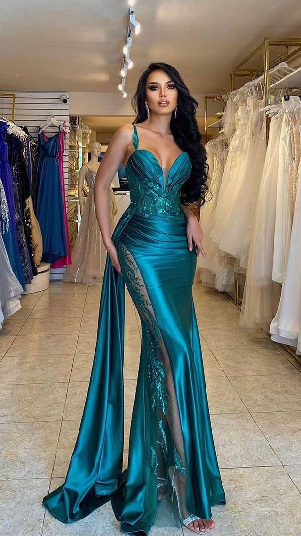 Spaghetti Straps V-neck Appliques Prom Party Dress,AST1780