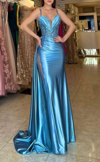 Spaghetti Straps V-neck Appliques Prom Party Dress,AST1780