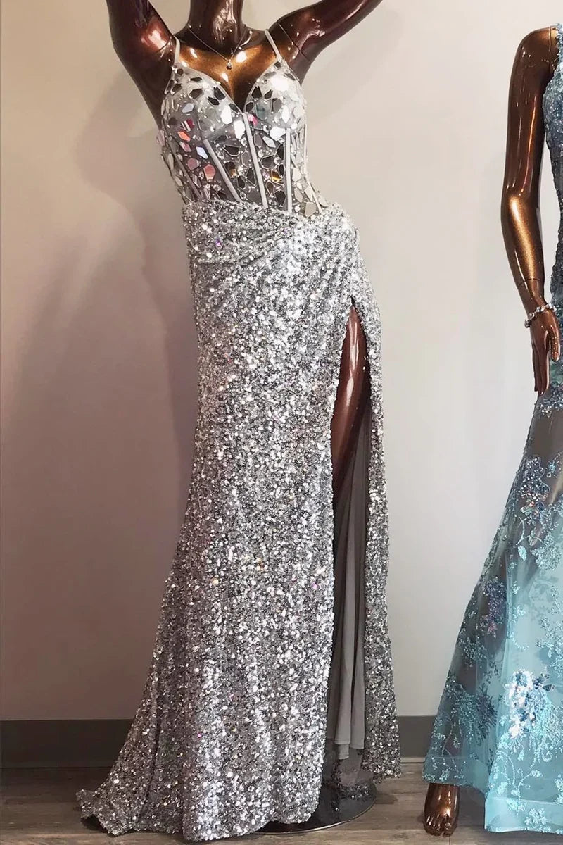 Spaghetti Straps V-Neck Prom Dresses Glass Mirror Evening Party Dress Sequin Mermaid Graduation Dress,AST2213