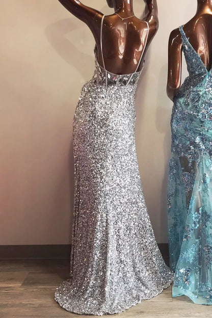 Spaghetti Straps V-Neck Prom Dresses Glass Mirror Evening Party Dress Sequin Mermaid Graduation Dress,AST2213