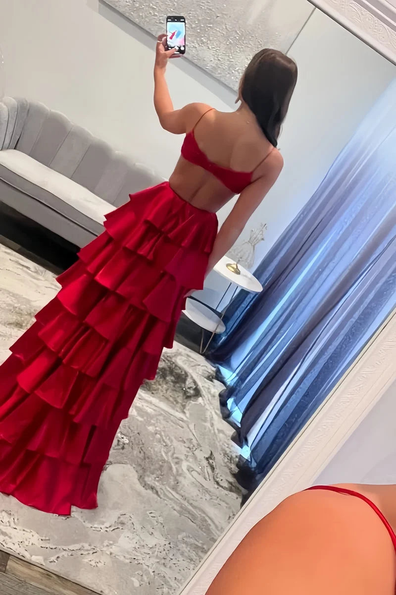 Spaghetti Straps V-neck Ruffle Prom Dresses Sexy Graduation Party Dress With Slit,AST2212