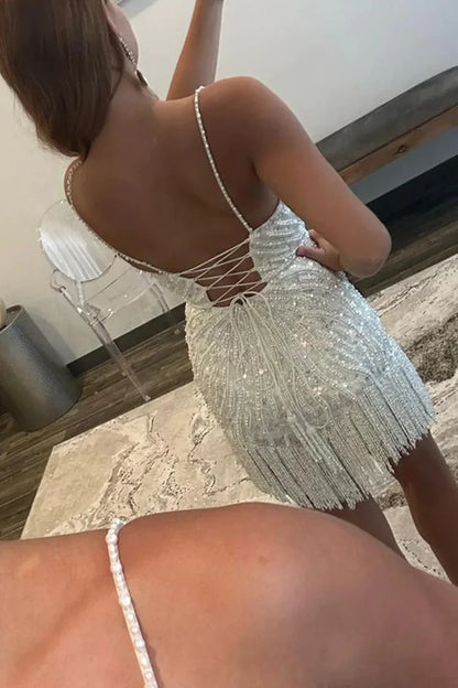 Spaghetti Straps White Sequined Homecoming Dresses With Tassel, AST1342