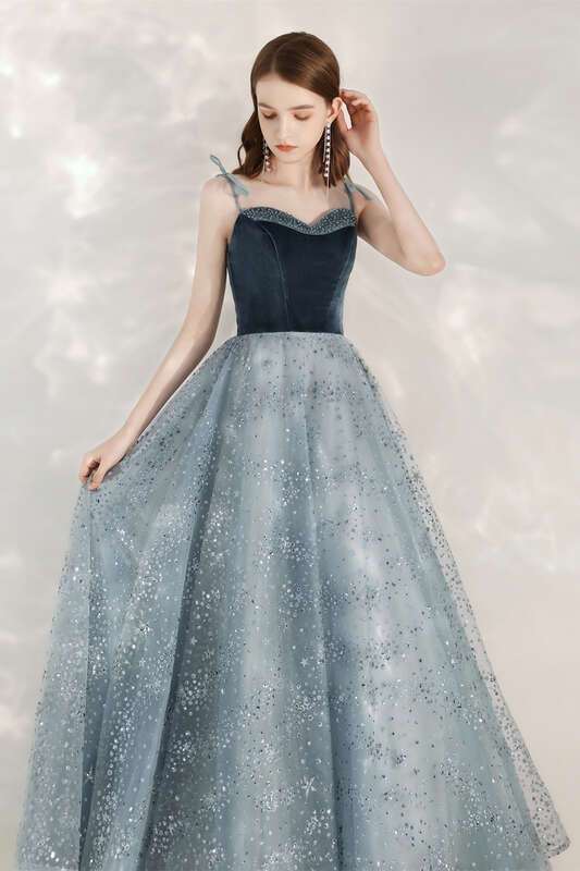 Sparkle A-line Blue Long Formal Dress with Velvet Bodice