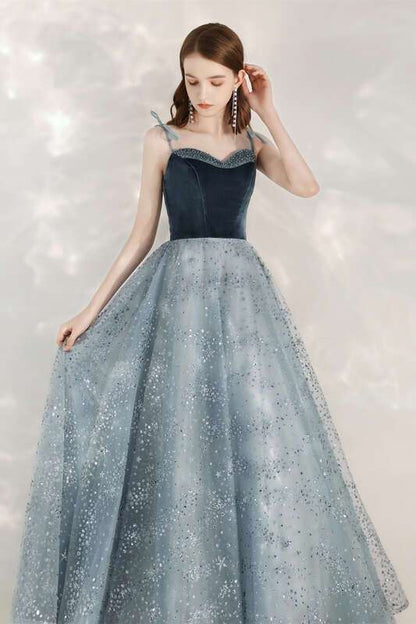 Sparkle A-line Blue Long Formal Dress with Velvet Bodice
