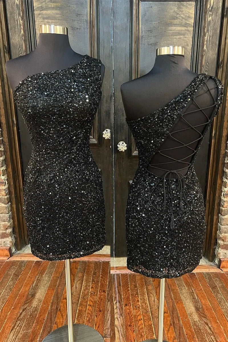 Sparkle Blue Sequin One Shoulder Bodycon Party Dress Homecoming Dresses , AST1176