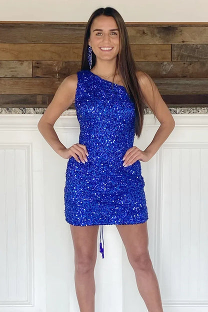 Sparkle Blue Sequin One Shoulder Bodycon Party Dress Homecoming Dresses , AST1176