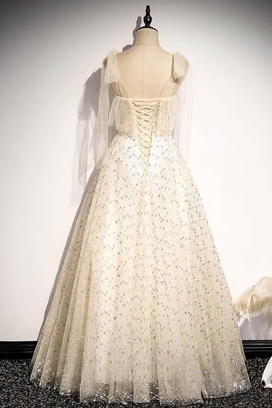 Sparkle Champagne Long Formal Dress with Tie Shoulders