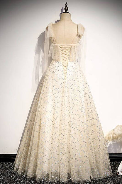 Sparkle Champagne Long Formal Dress with Tie Shoulders