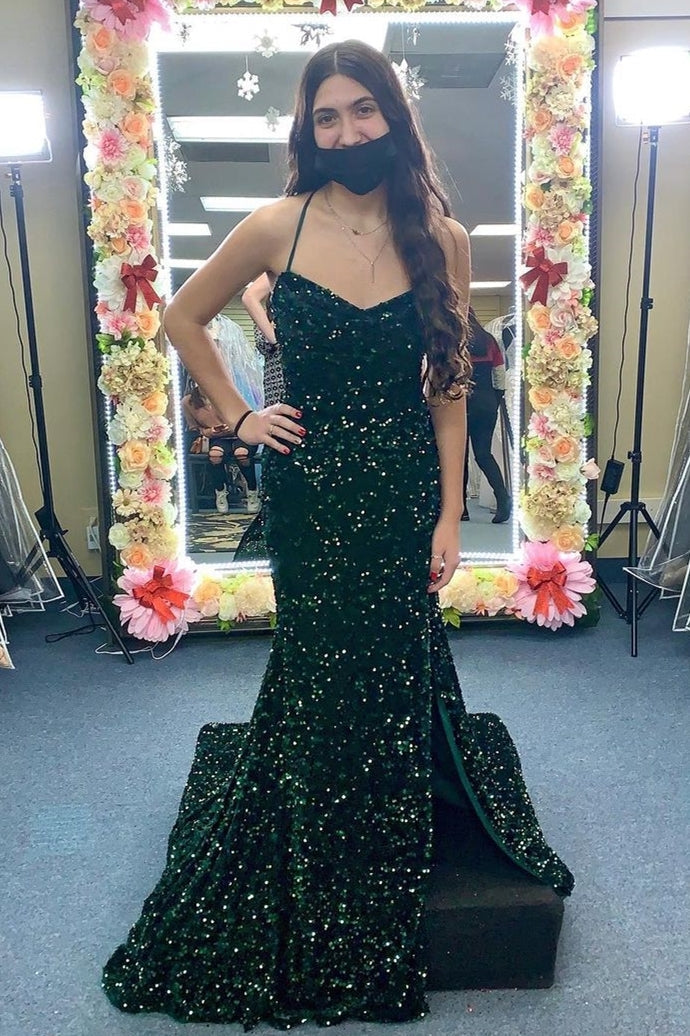 Sparkle Dark Green Sequin Mermaid Long Prom Dress