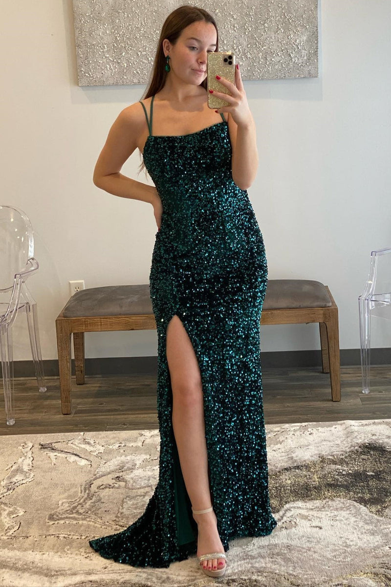 Sparkle Green Sequin Mermaid Long Prom Dress with Slit