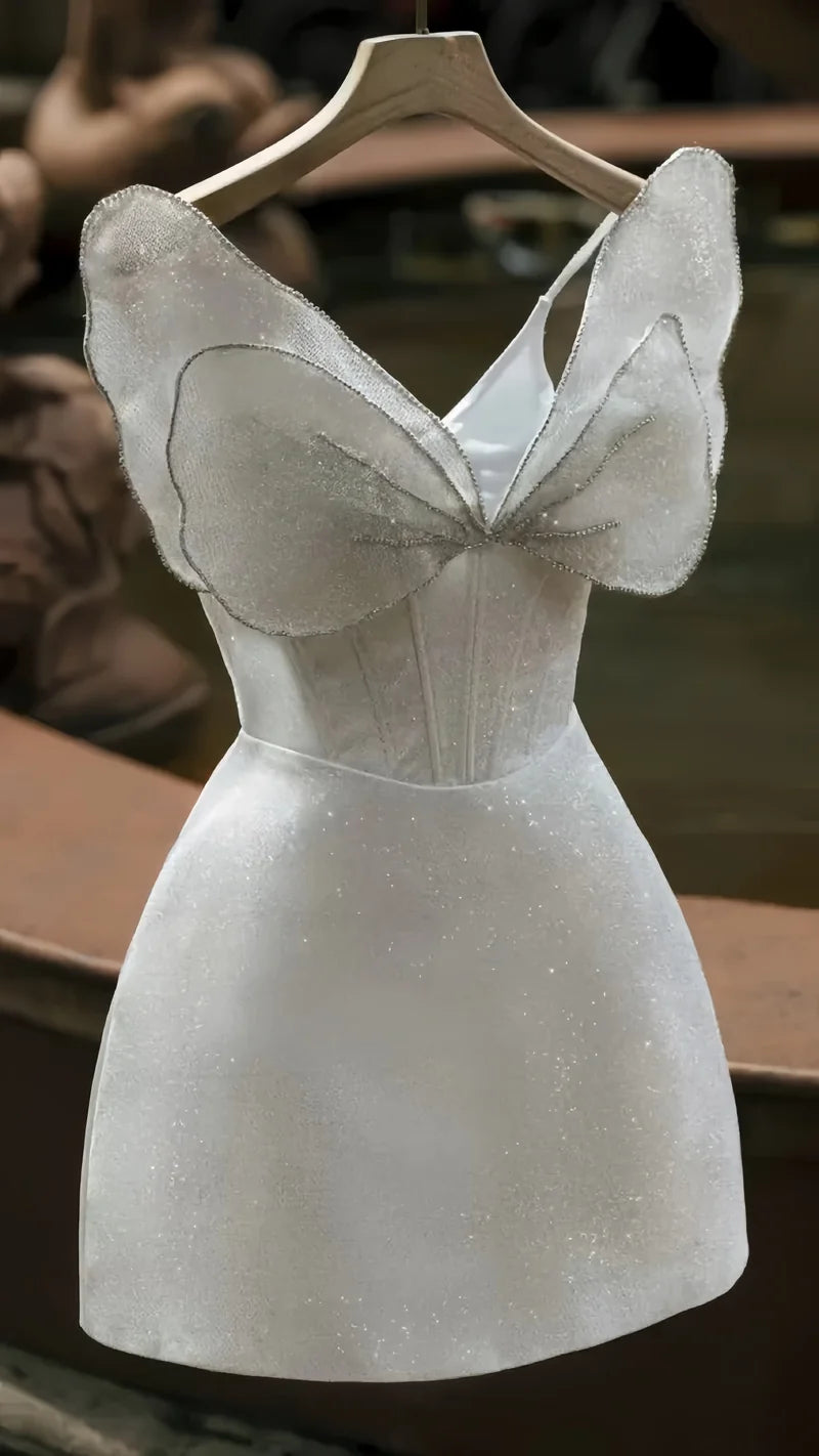 Sparkle White Bowknot Homecoming Dresses Spaghetti Straps Mini Party Dress, AST2033
