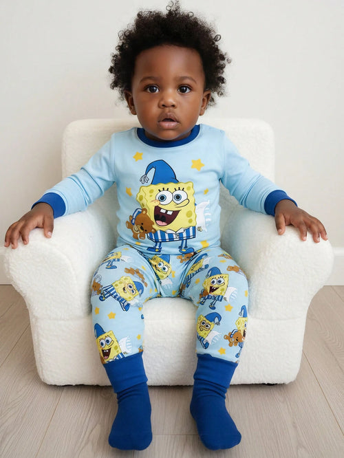 SpongeBob SquarePants| 2pcs Baby Boy Cartoon Print Crew Neck Long Sleeve Top And Pants Knit Comfortable Casual Stretchy Pajama Set