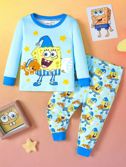 SpongeBob SquarePants| 2pcs Baby Boy Cartoon Print Crew Neck Long Sleeve Top And Pants Knit Comfortable Casual Stretchy Pajama Set