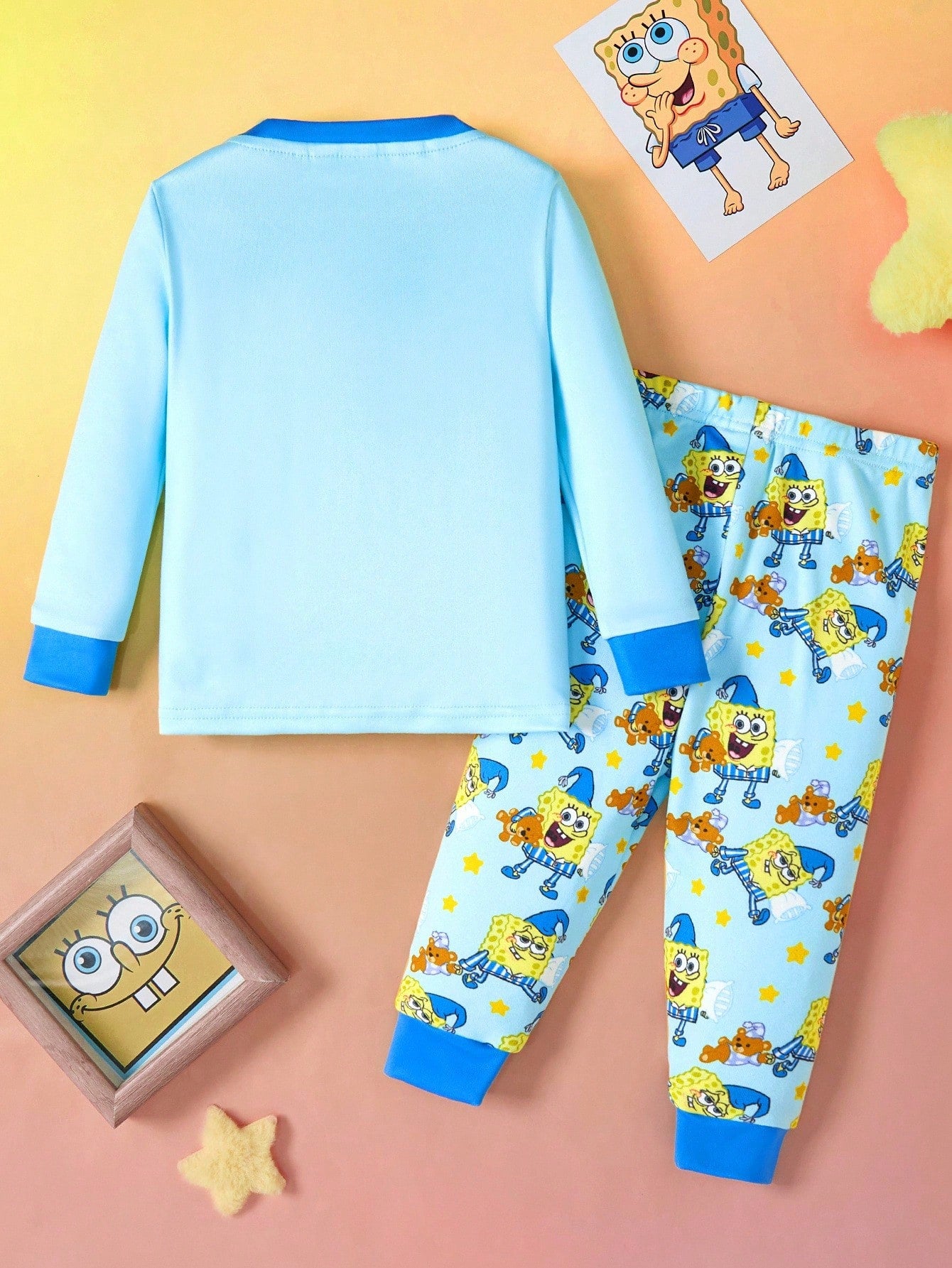 SpongeBob SquarePants| 2pcs Baby Boy Cartoon Print Crew Neck Long Sleeve Top And Pants Knit Comfortable Casual Stretchy Pajama Set