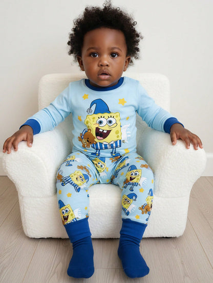 SpongeBob SquarePants| 2pcs Baby Boy Cartoon Print Crew Neck Long Sleeve Top And Pants Knit Comfortable Casual Stretchy Pajama Set