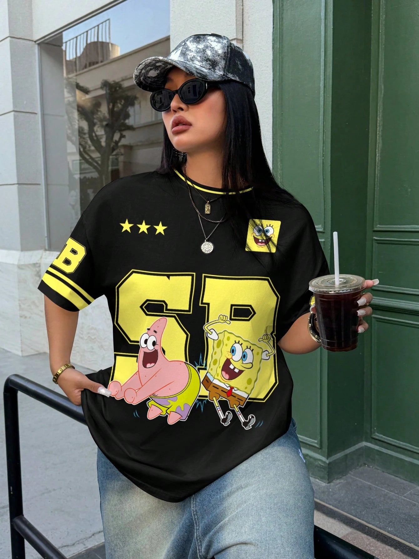 SpongeBob SquarePants| Plus Size Women's Cartoon Print Casual Daily Short Sleeve T-Shirt