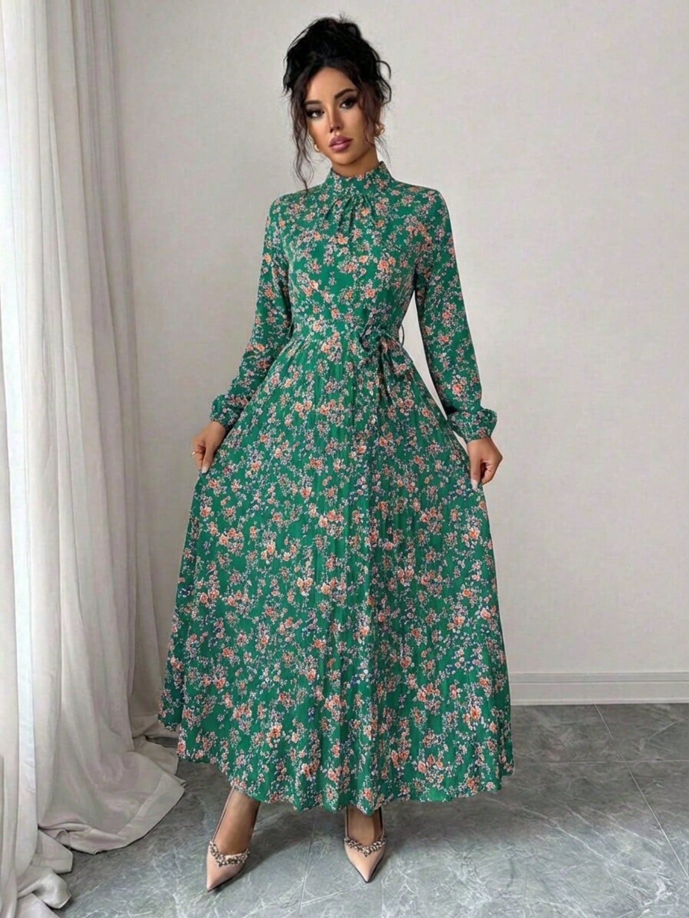 Spring Fall Floral Print Stand Collar Dress Women's Long Sleeve Zipper Front Self-Tie Waist Pleated Midi Dress