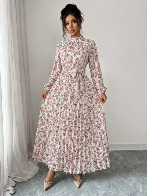 Spring Fall Floral Print Stand Collar Dress Women's Long Sleeve Zipper Front Self-Tie Waist Pleated Midi Dress