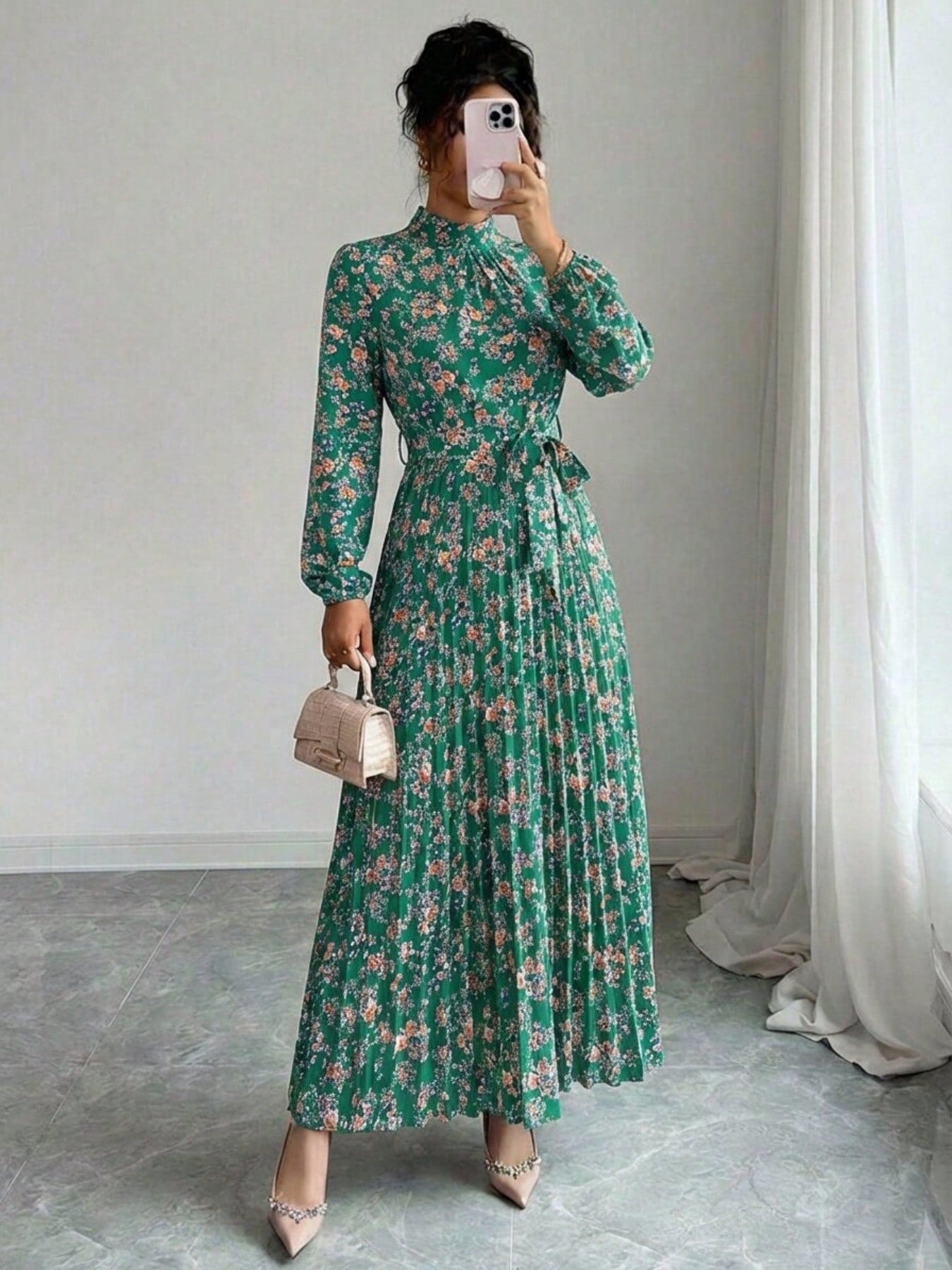 Spring Fall Floral Print Stand Collar Dress Women's Long Sleeve Zipper Front Self-Tie Waist Pleated Midi Dress