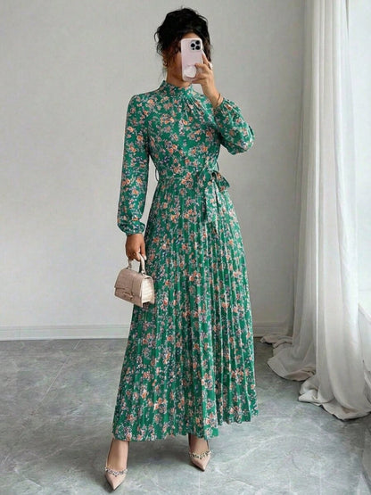 Spring Fall Floral Print Stand Collar Dress Women's Long Sleeve Zipper Front Self-Tie Waist Pleated Midi Dress