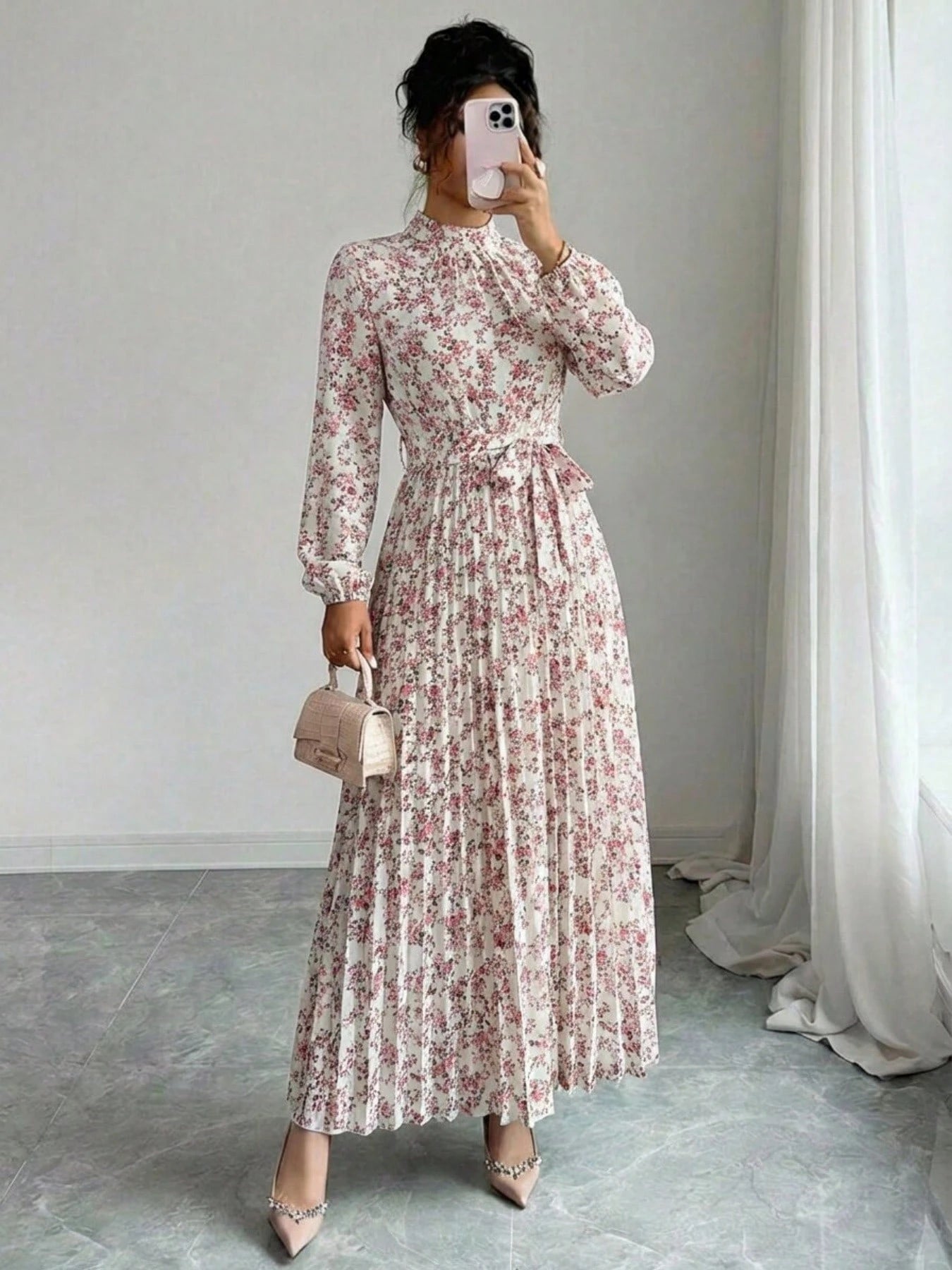 Spring Fall Floral Print Stand Collar Dress Women's Long Sleeve Zipper Front Self-Tie Waist Pleated Midi Dress
