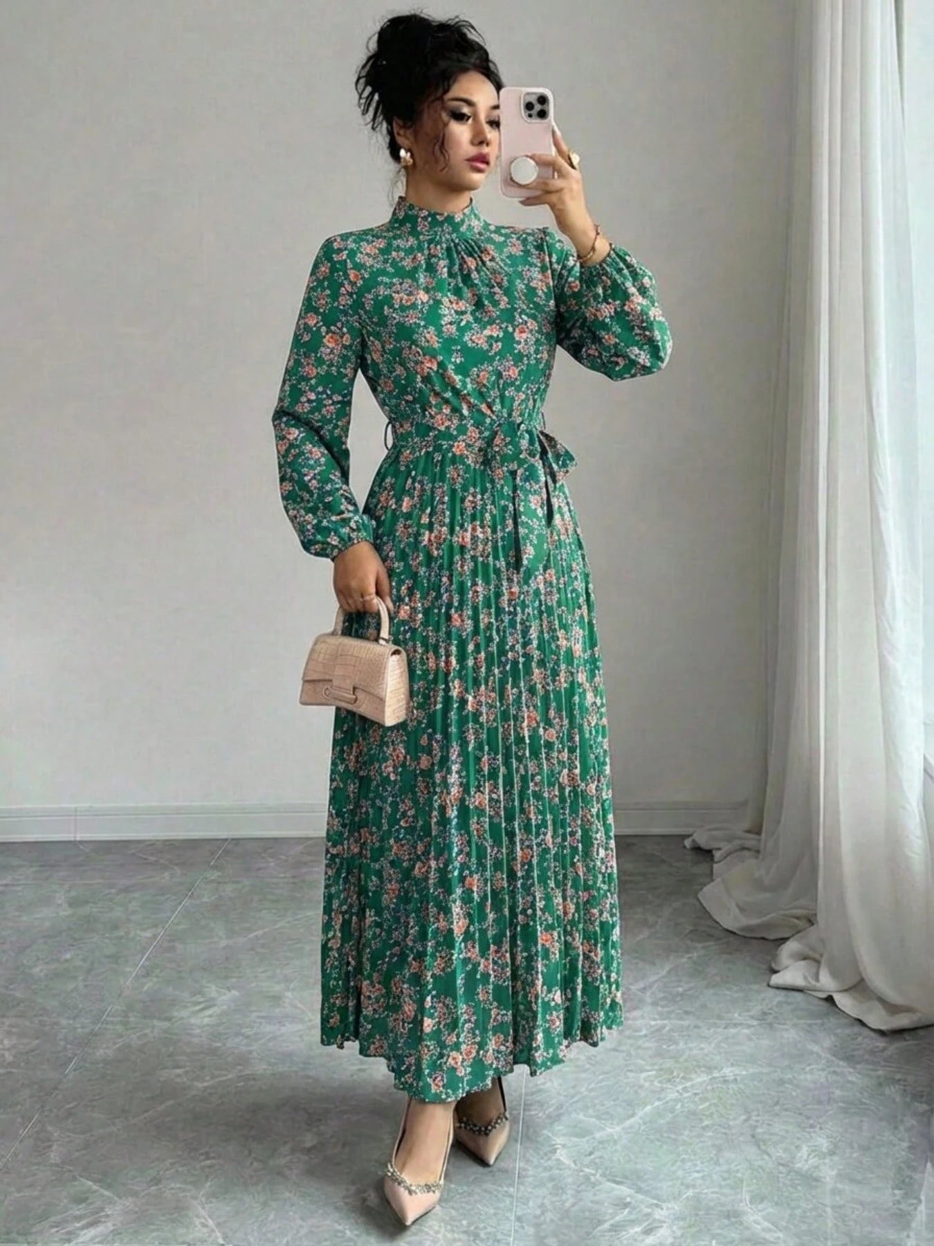 Spring Fall Floral Print Stand Collar Dress Women's Long Sleeve Zipper Front Self-Tie Waist Pleated Midi Dress