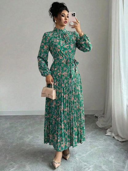Spring Fall Floral Print Stand Collar Dress Women's Long Sleeve Zipper Front Self-Tie Waist Pleated Midi Dress