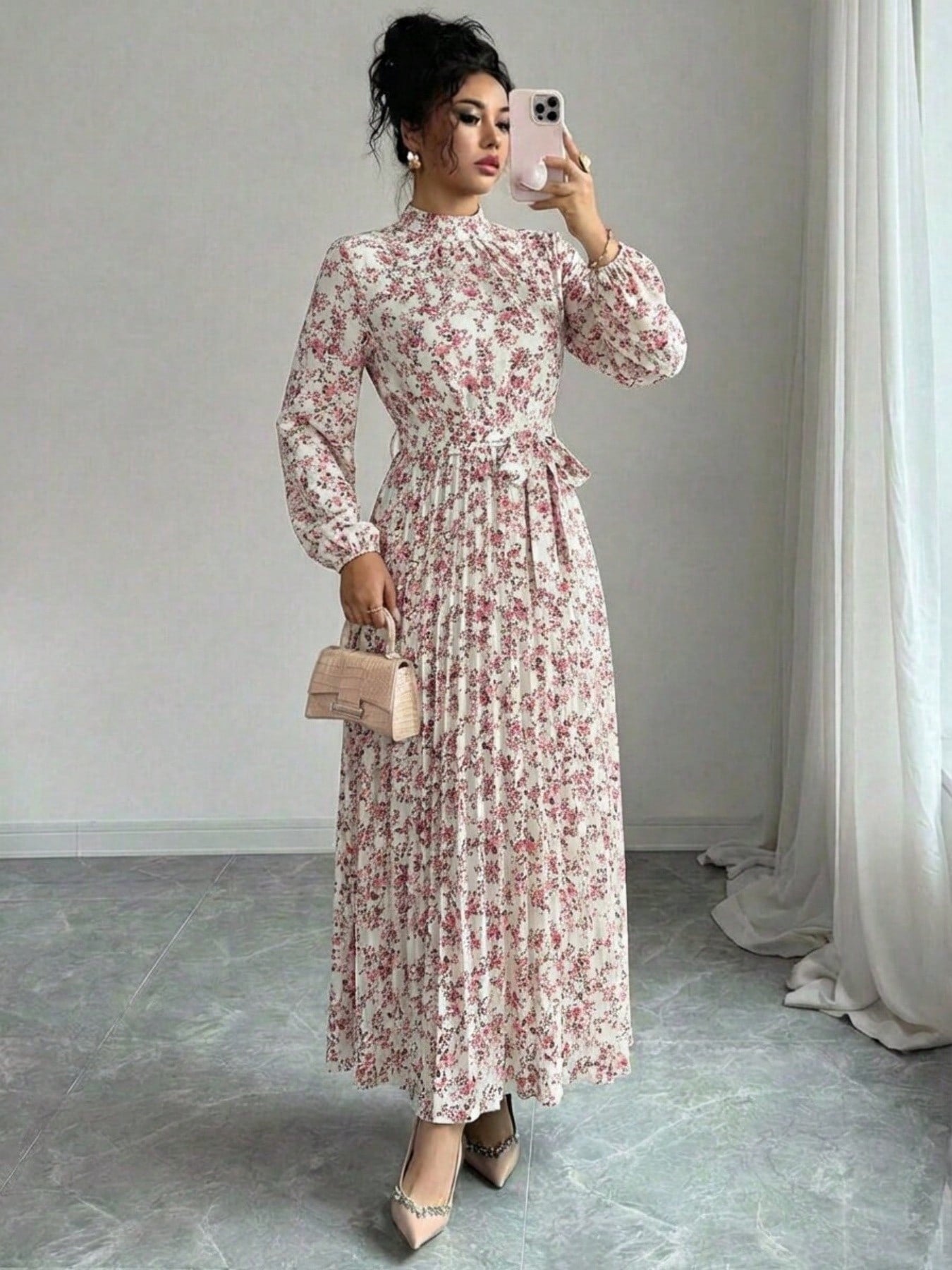 Spring Fall Floral Print Stand Collar Dress Women's Long Sleeve Zipper Front Self-Tie Waist Pleated Midi Dress