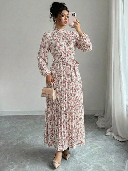 Spring Fall Floral Print Stand Collar Dress Women's Long Sleeve Zipper Front Self-Tie Waist Pleated Midi Dress