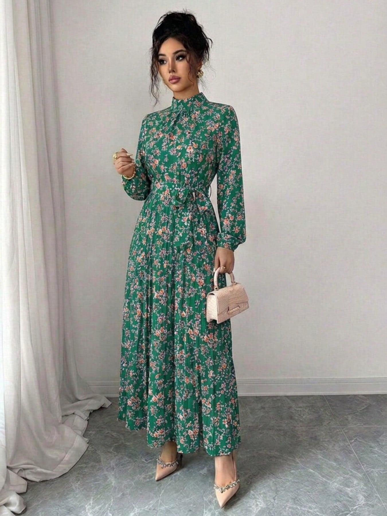 Spring Fall Floral Print Stand Collar Dress Women's Long Sleeve Zipper Front Self-Tie Waist Pleated Midi Dress